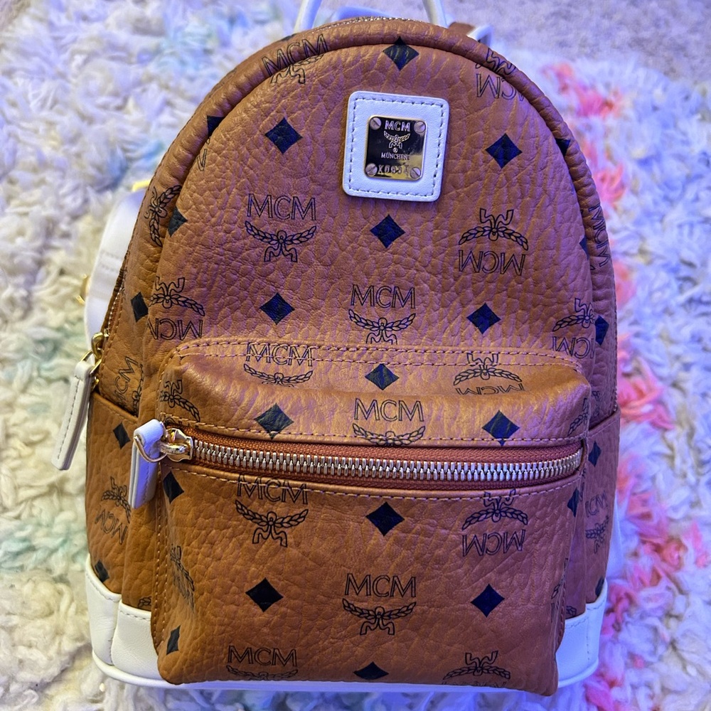 MCM Xmini Stark Backpack in Cognac and White